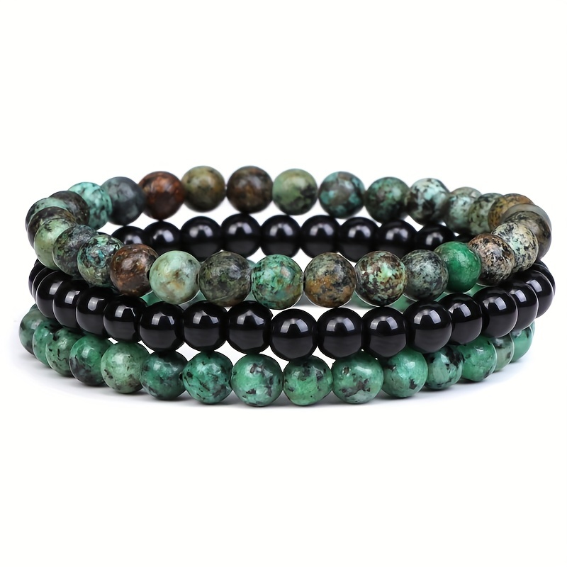 Men's & Women's 6mm Natural Stone Beads Bangle Bracelet Set